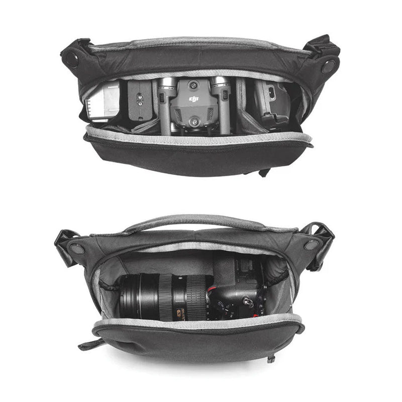 Peak Design Everyday Sling 6L open showing organized camera gear storage compartments