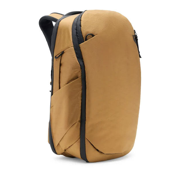 Peak Design Travel Backpack 30L in tan with weatherproof recycled nylon, expandable compartments, and padded laptop sleeves