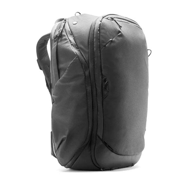 Black Peak Design Travel Backpack 45L with multiple zippered compartments and weatherproof recycled nylon shell