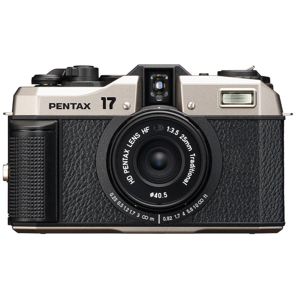 Pentax 17 Film Camera front view with 25mm F3.5 lens and classic black magnesium alloy body.