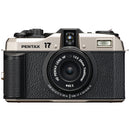 Pentax 17 Film Camera front view with 25mm F3.5 lens and classic black magnesium alloy body.