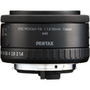 Pentax SMC FA 50mm f1.4 Classic lens with compact design and large aperture for shallow depth of field and unique rainbow flare effects.