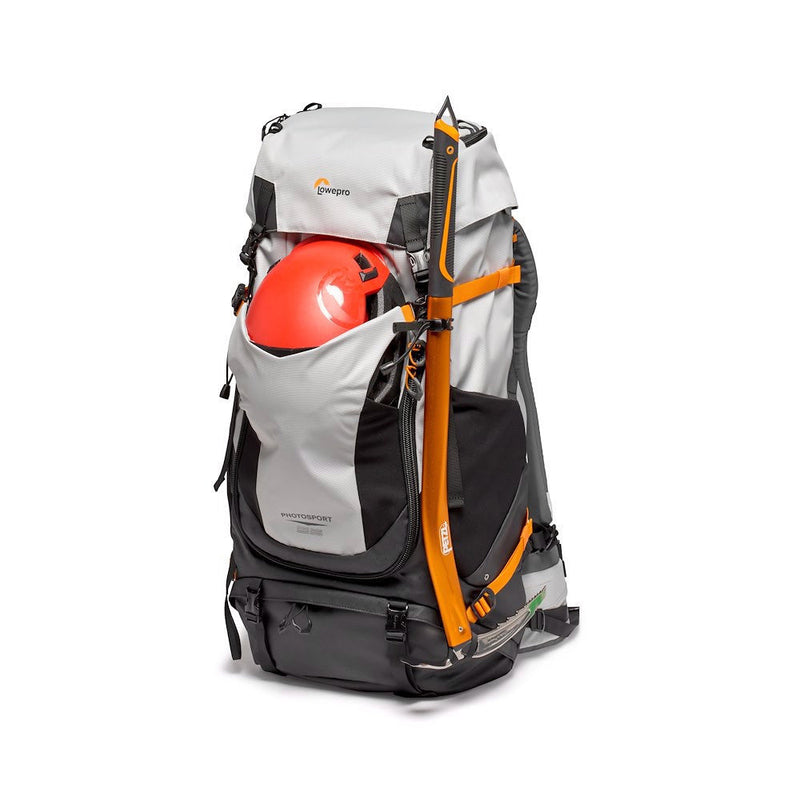 LowePro PhotoSport Backpack PRO 55L AW III in gray with orange ice axe and red helmet, designed for photographers with multi-day hiking gear storage and weather protection