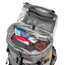LowePro PhotoSport Backpack open with hiking and camping gear inside, mesh organizer pouch and secured compartments visible