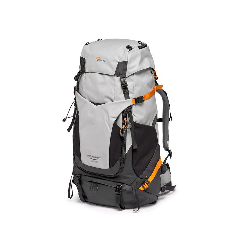LowePro PhotoSport Backpack PRO 55L AW III gray and black durable camera backpack with orange straps for professional outdoor photography