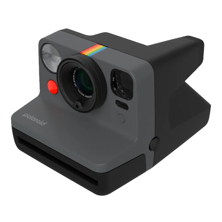 Polaroid Now Gen 3 instant camera in gray with rainbow stripe, featuring autofocus and classic analog design