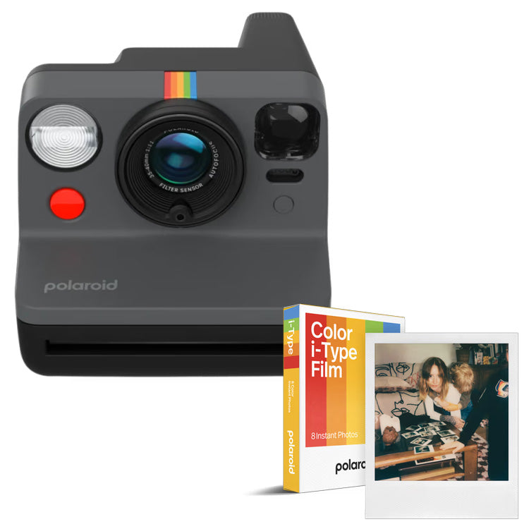 Polaroid Now Gen 3 instant camera in gray with vintage design, comes with Color i-Type Film pack and instant photo example