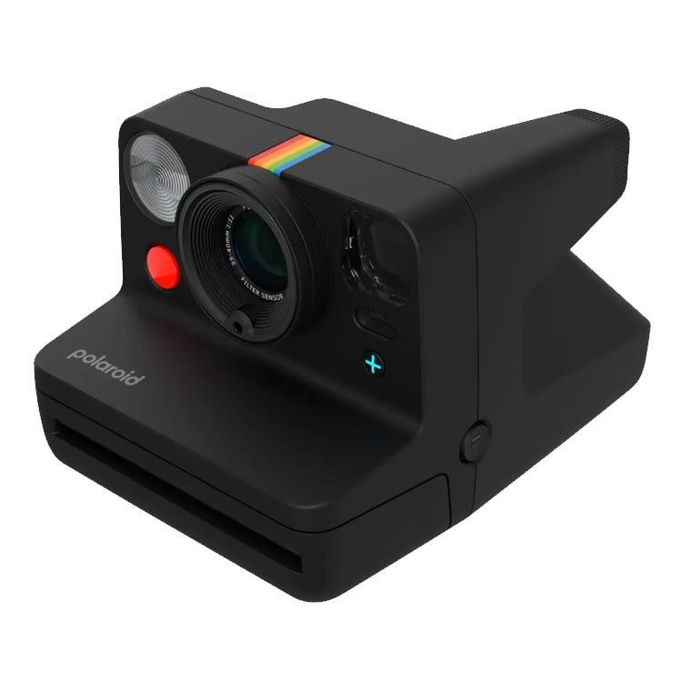 Polaroid Now+ Gen 3 instant camera in black with two-lens autofocus and classic rainbow stripe design