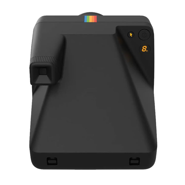 Polaroid Now+ Gen 3 instant camera in black with rainbow stripe and digital display, featuring two-lens autofocus and app connectivity