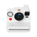 Polaroid Now+ Gen 3 instant camera in white with rainbow stripe and lens autofocus system