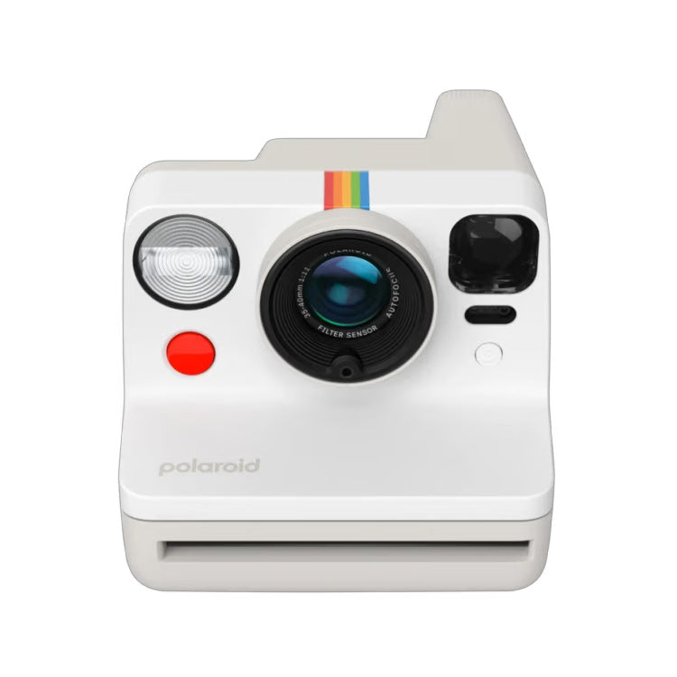 Polaroid Now Gen 3 instant camera in white with rainbow stripe, classic analog design, built-in flash and lens, USB-C rechargeable and compatible with i-Type film.
