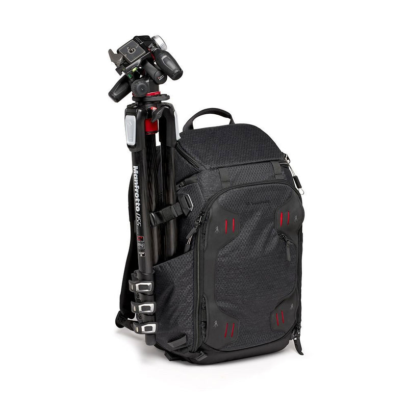 Black backpack with a tripod attached to the side.