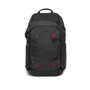Black backpack with red accents on a white background