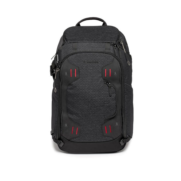 Black backpack with red accents on a white background