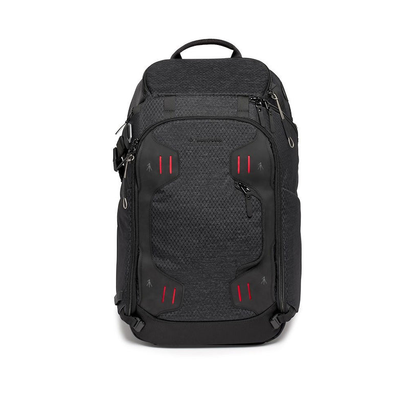 Black backpack with red accents on a white background