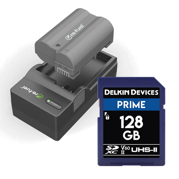 Re-Fuel EN-EL15 Kit with Delkin Prime 128GB SDXC Memory Card Bundle