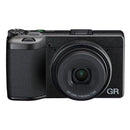 Ricoh GR IV compact digital camera with 18.3mm F2.8 GR lens, black slim body, high-resolution image sensor, and advanced autofocus system.