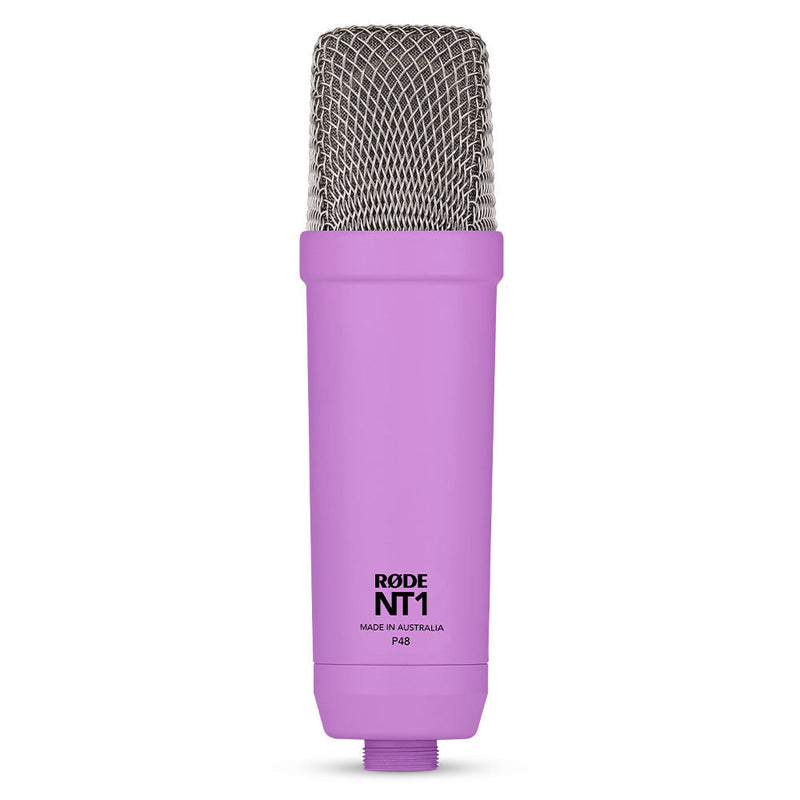 Purple Rode NT-1 Signature Series studio condenser microphone with silver grille