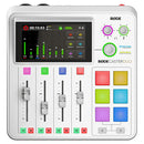 RØDECaster Duo podcasting mixer with faders, multicolor smart pads, and touchscreen interface