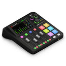 RODECaster Duo compact audio production studio with four faders, programmable pads, touchscreen, and Bluetooth connectivity for podcasters and creators