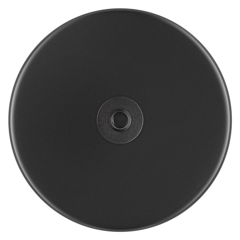A round, black metal base with a screw for attaching a microphone.