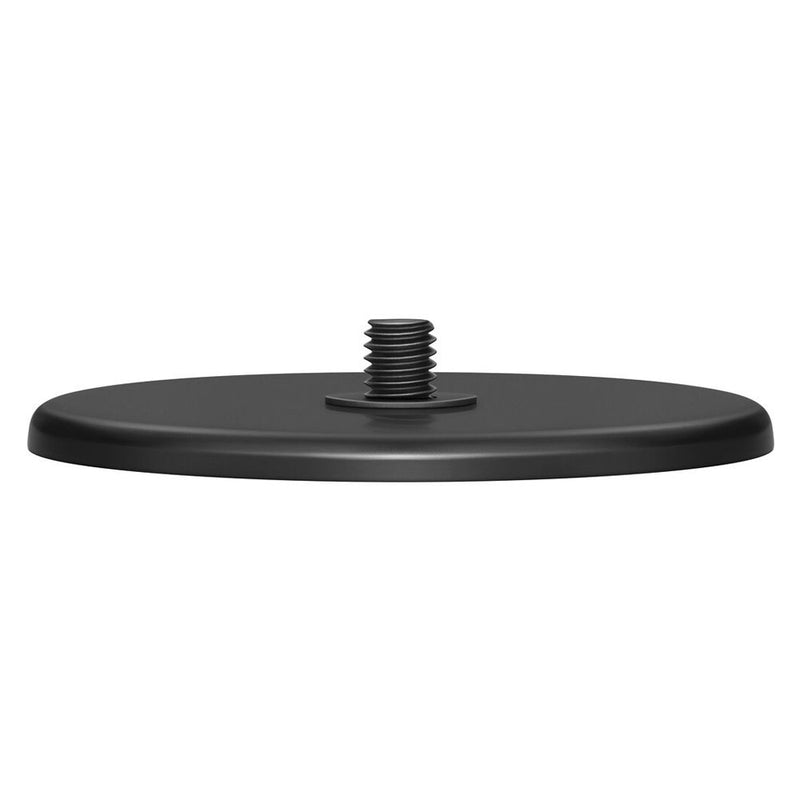 A round, black metal base with a screw for attaching a microphone.