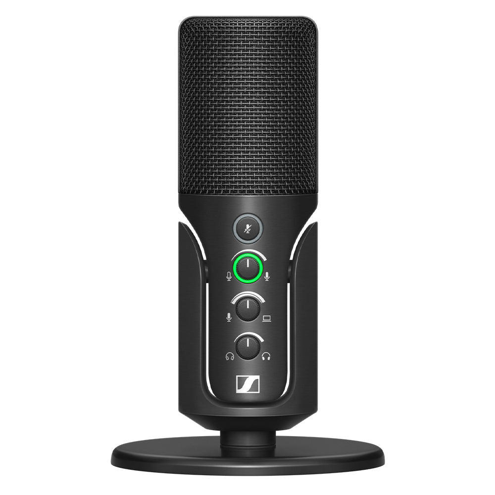 Sennheiser Profile USB Microphone black cardioid condenser capsule with gain, mix, and volume controls on table stand
