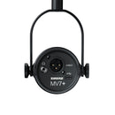 Back view of Shure MV7+ Podcast Microphone showing XLR, USB-C, and headphone jack ports with mounting bracket
