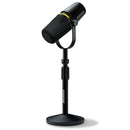 Shure MV7+ Podcast Microphone with customizable LED touch panel on adjustable stand for professional audio recording
