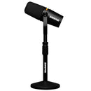 Shure MV7+ podcast microphone with customizable LED touch panel on black stand