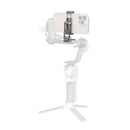 SmallRig Arca-Standard Phone Support mounted on DJI RS 4 Mini stabilizer holding smartphone with case, showing tool-free horizontal and vertical switching and accessory attachments.