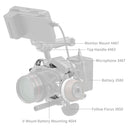 SmallRig HawkLock Quick Release Cage mounted on Canon EOS R5 Mark II with monitor, top handle, microphone, battery, follow focus, and V-Mount battery.