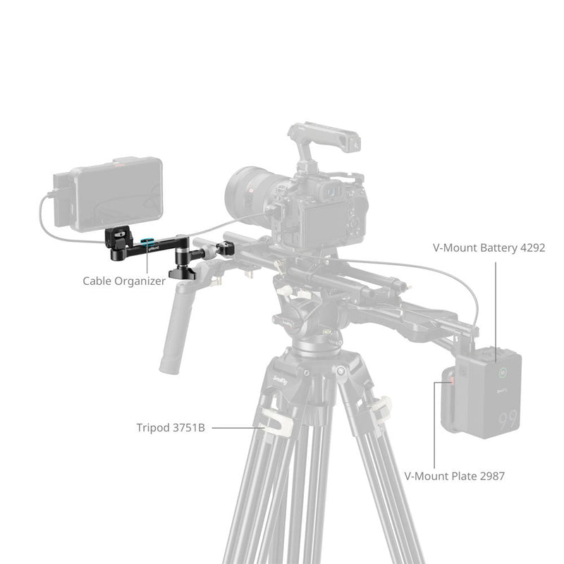 SmallRig Magic Arm attached to tripod with cable organizer and camera monitor mount