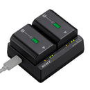 Sony BC-ZD1 dual charger charging two NP-FZ100 batteries with LED indicators and USB power input