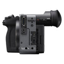 Sony FX2 full-frame cinema camera body side view showing ports and electronic viewfinder