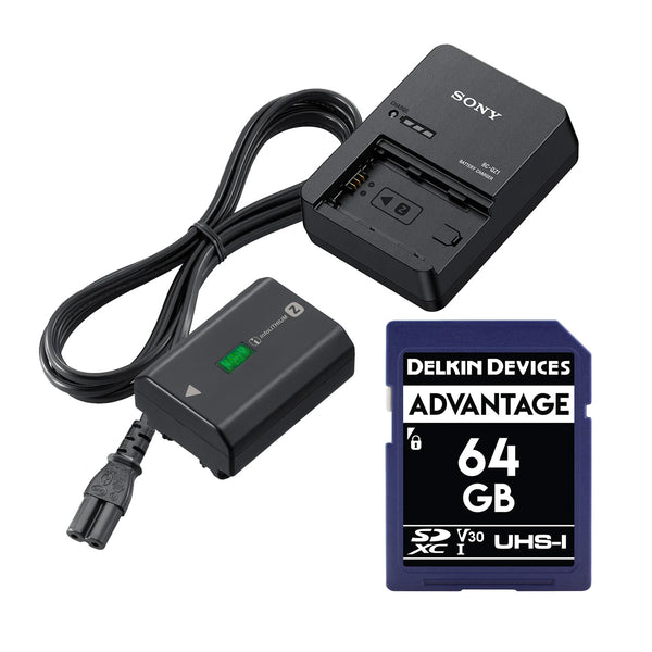 Sony BC-QZ1 Battery Charger with NP-FZ100 Battery and Delkin Advantage 64GB SDXC Memory Card