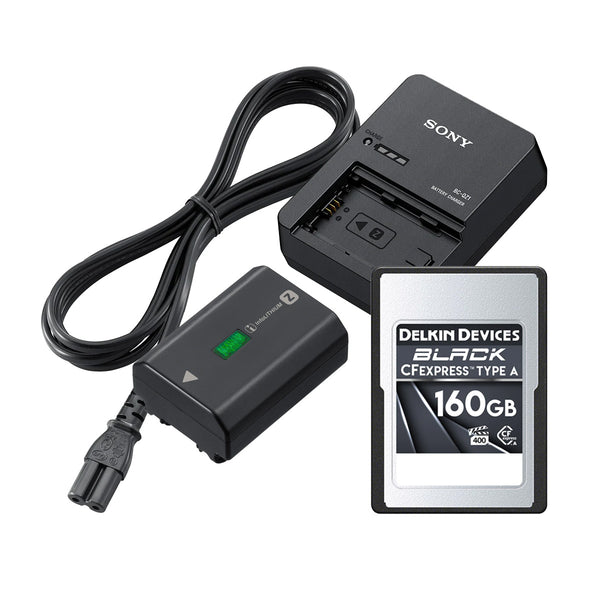 Sony BC-QZ1 Battery Charger with NP-FZ100 Battery and Delkin Black 160GB CFexpress Memory Card