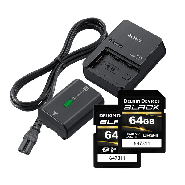 Sony BC-QZ1 Battery Charger with NP-FZ100 Battery and 2x Delkin Black 64GB SDXC Memory Cards