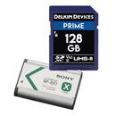 Sony NP-BX1 rechargeable camera battery with Delkin Prime 128GB SDXC UHS-II memory card bundle