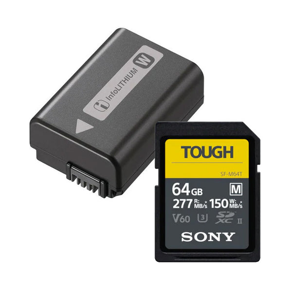 Sony NP-FW50 Battery with Sony SF-M TOUGH Series UHS-II 64GB SDXC Memory Card