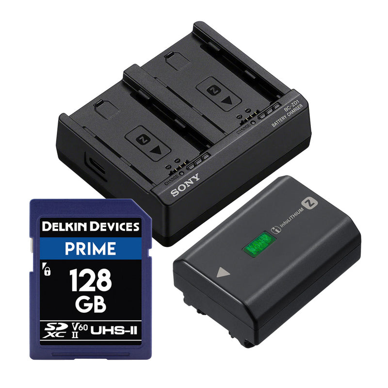 Sony NP-FZ100 Battery with Delkin Prime 128GB SDXC Memory Card and Sony BC-ZD1 Dual Charger