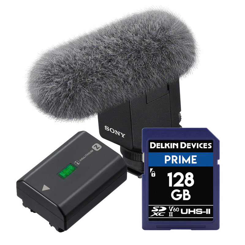 Sony NP-FZ100 Battery with Delkin Prime 128GB SDXC UHS-II Memory Card and Sony ECM-B10 Shotgun Microphone bundle