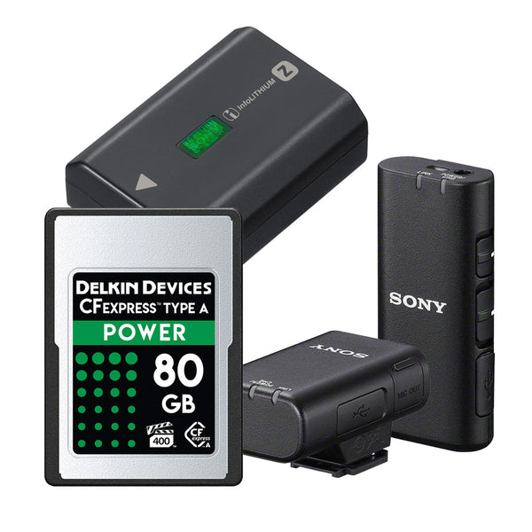 Sony NP-FZ100 Battery with ECM-W2BT Microphone and Delkin Power 80GB CFexpress Memory Card