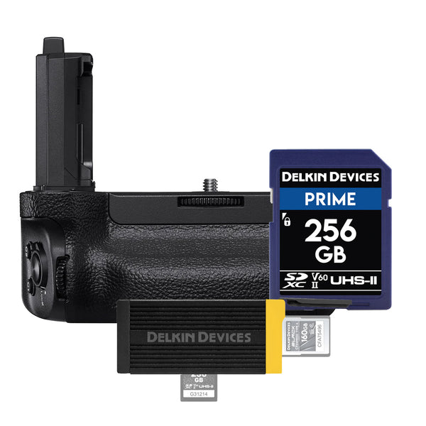 Sony VG-C4EM Vertical Grip with Delkin Prime 256GB SDXC Memory Card and USB 3.2 Card Reader
