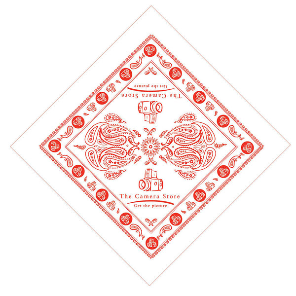 White cotton bandana with red The Camera Store logo and western pattern design