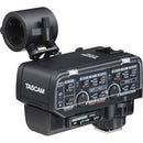 Tascam CA-XLR2d-AN XLR microphone adapter for mirrorless cameras with dual inputs and high-quality preamp