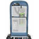 Thinktank BackStory 15 camera bag rear panel with mesh pockets for accessories and cables, blue interior lining