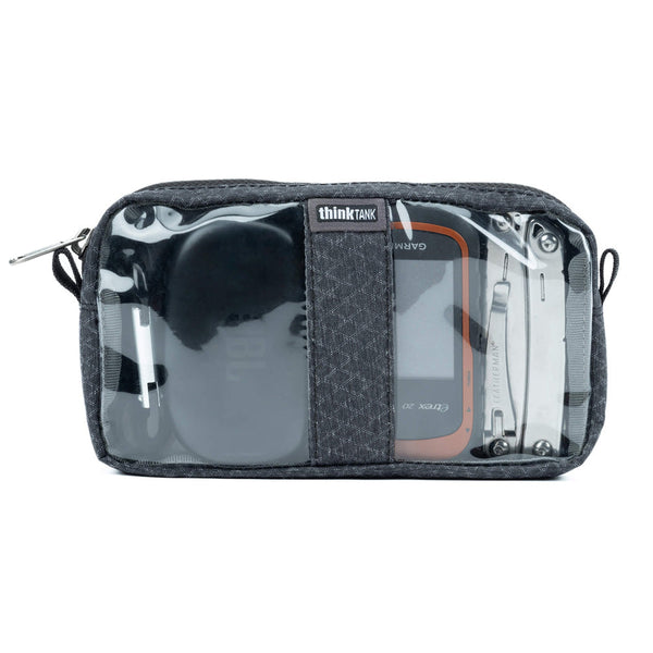 Thinktank Cable Management 10 pouch in blue and clear with transparent panels, zippered top, and internal divider for organizing cables and small items