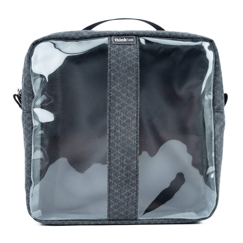 Thinktank blue and clear cable management pouch with transparent panels and zippered top for organized storage