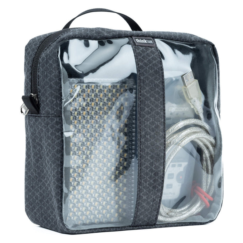 Thinktank blue/clear cable management pouch with clear panels, zippered top, and internal organizer for cables and small items